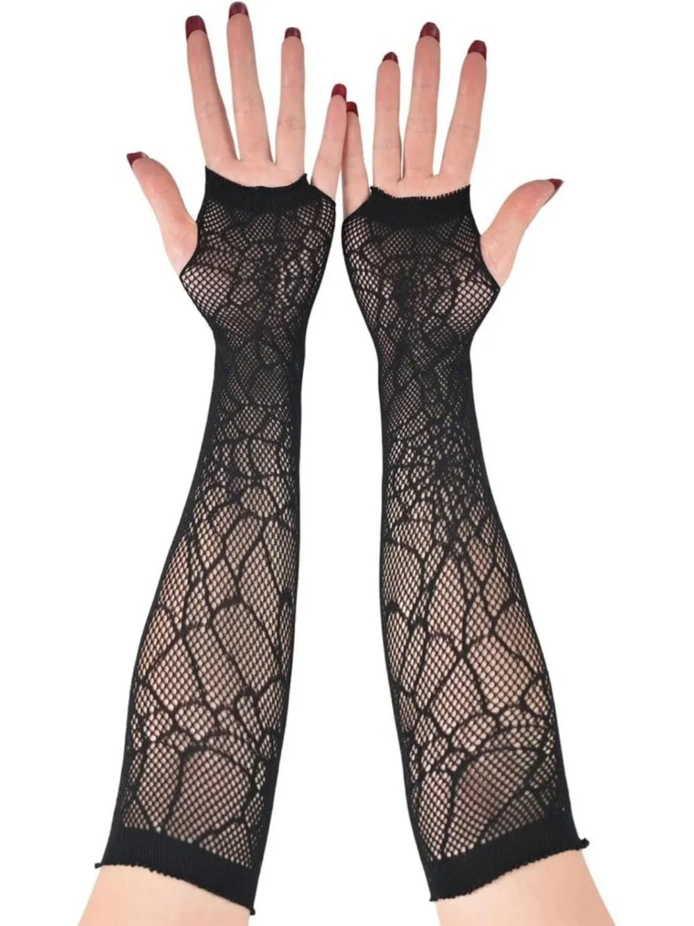 Women's Black Long Spider Web Fishnet Fingerless Gothic Cosplay Gloves